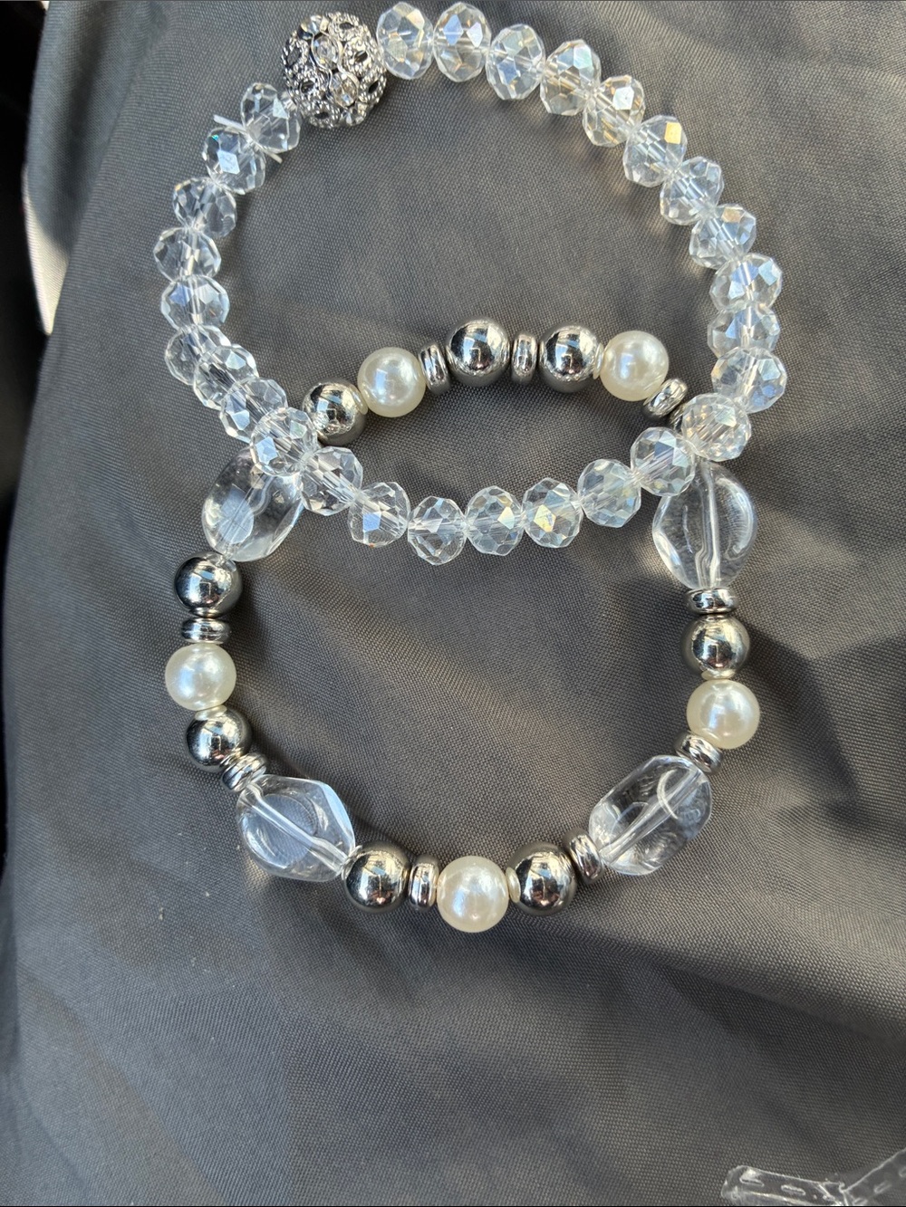 Clear Crystal and Silver Bead Stretch Bracelet Set